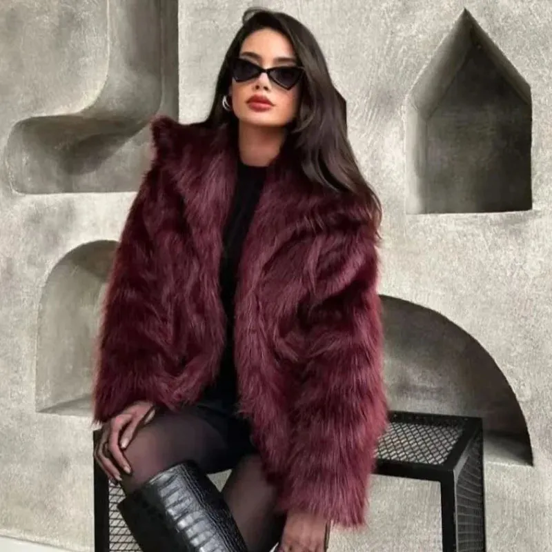 Women’s Burgundy Fur Coat |  Plush Crop Bomber Jacket for Winter | Long Sleeve Casual Outerwear - Warm Gift for Her