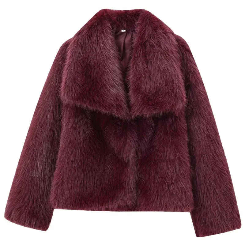 Women’s Burgundy Fur Coat |  Plush Crop Bomber Jacket for Winter | Long Sleeve Casual Outerwear - Warm Gift for Her