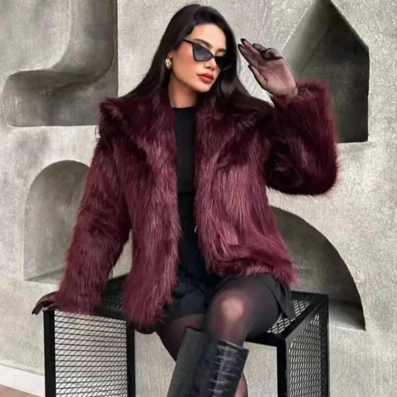 Women’s Burgundy Fur Coat |  Plush Crop Bomber Jacket for Winter | Long Sleeve Casual Outerwear - Warm Gift for Her