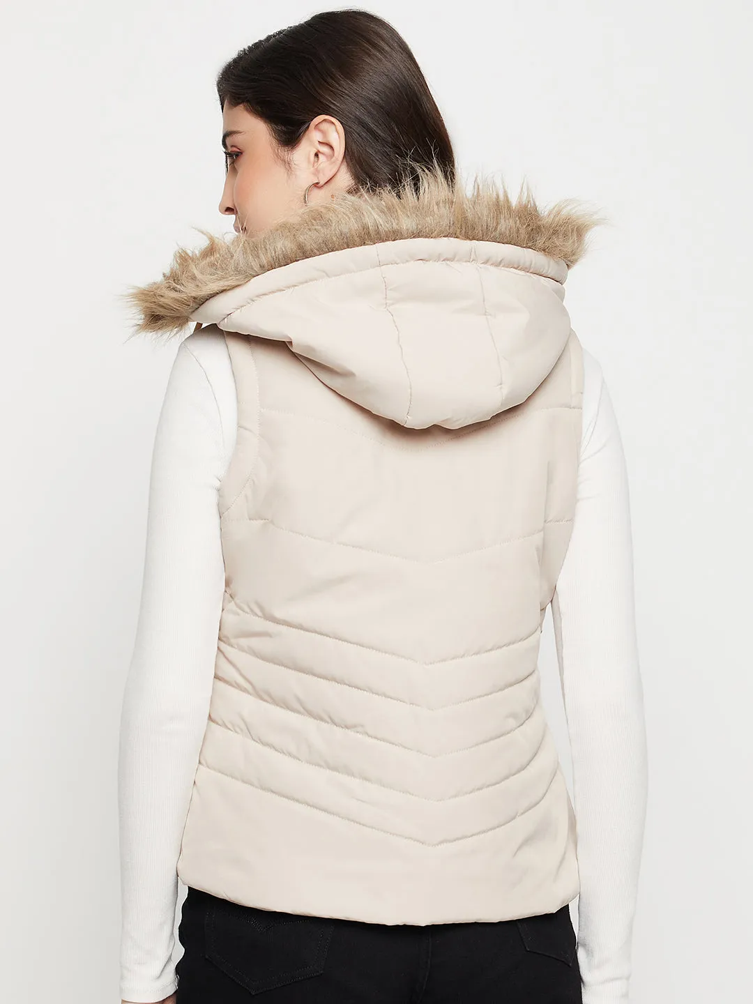 Women's Casual  Beige Quilted Detachable Hood with Faux Fur trim Jacket