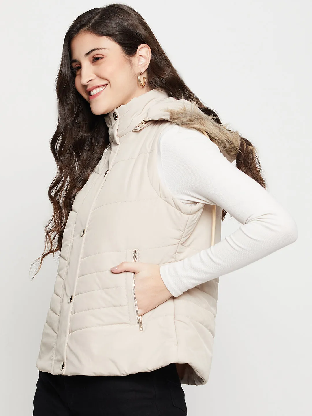 Women's Casual  Beige Quilted Detachable Hood with Faux Fur trim Jacket