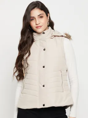 Women's Casual  Beige Quilted Detachable Hood with Faux Fur trim Jacket