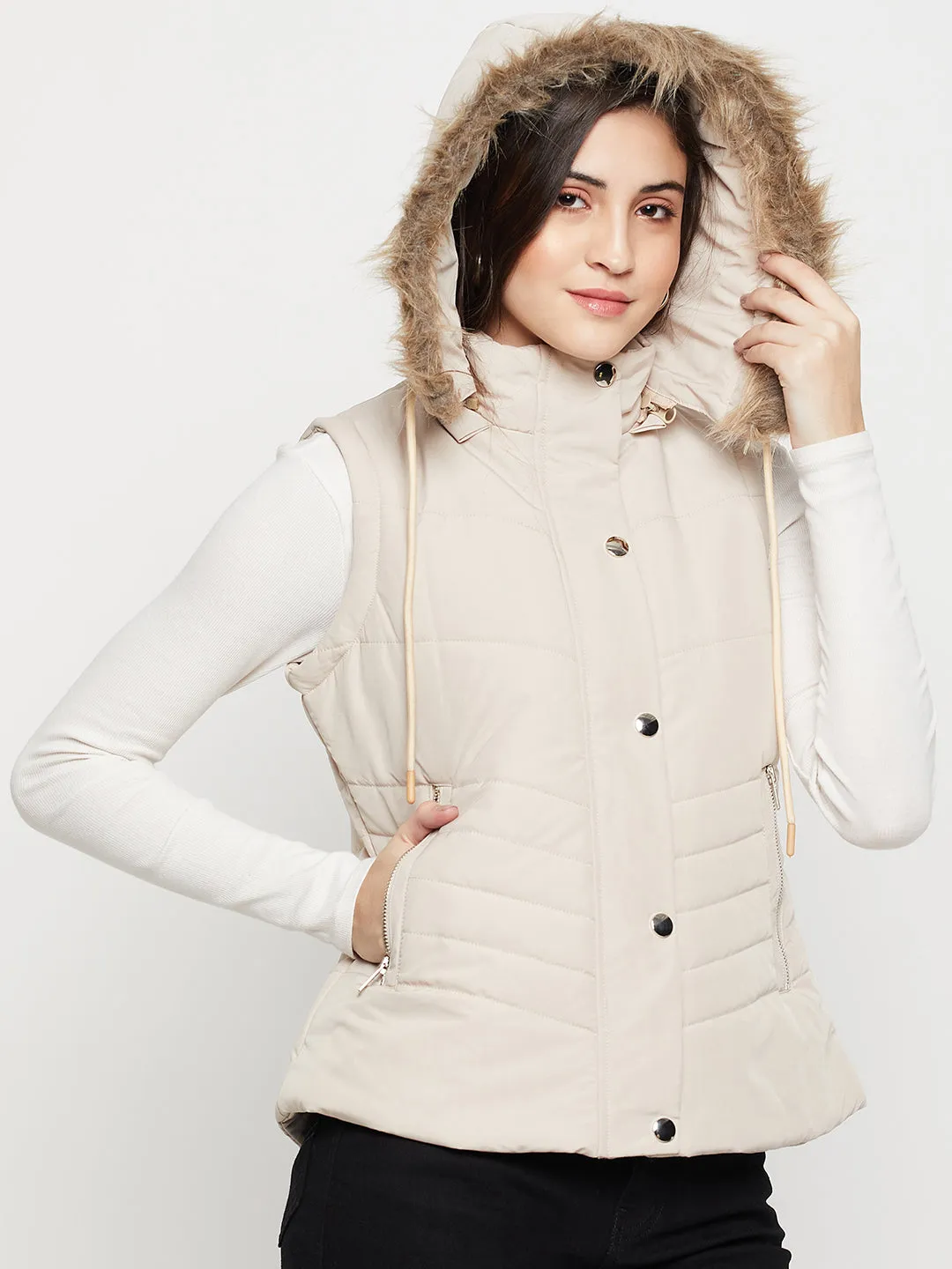 Women's Casual  Beige Quilted Detachable Hood with Faux Fur trim Jacket