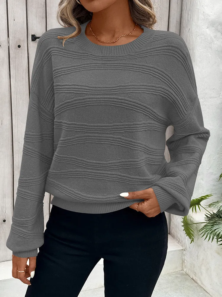 Womens Crew Neck Long Sleeve Ribbed Knit Pullover Tops Loose Casual Sweater Jumpers Fashion