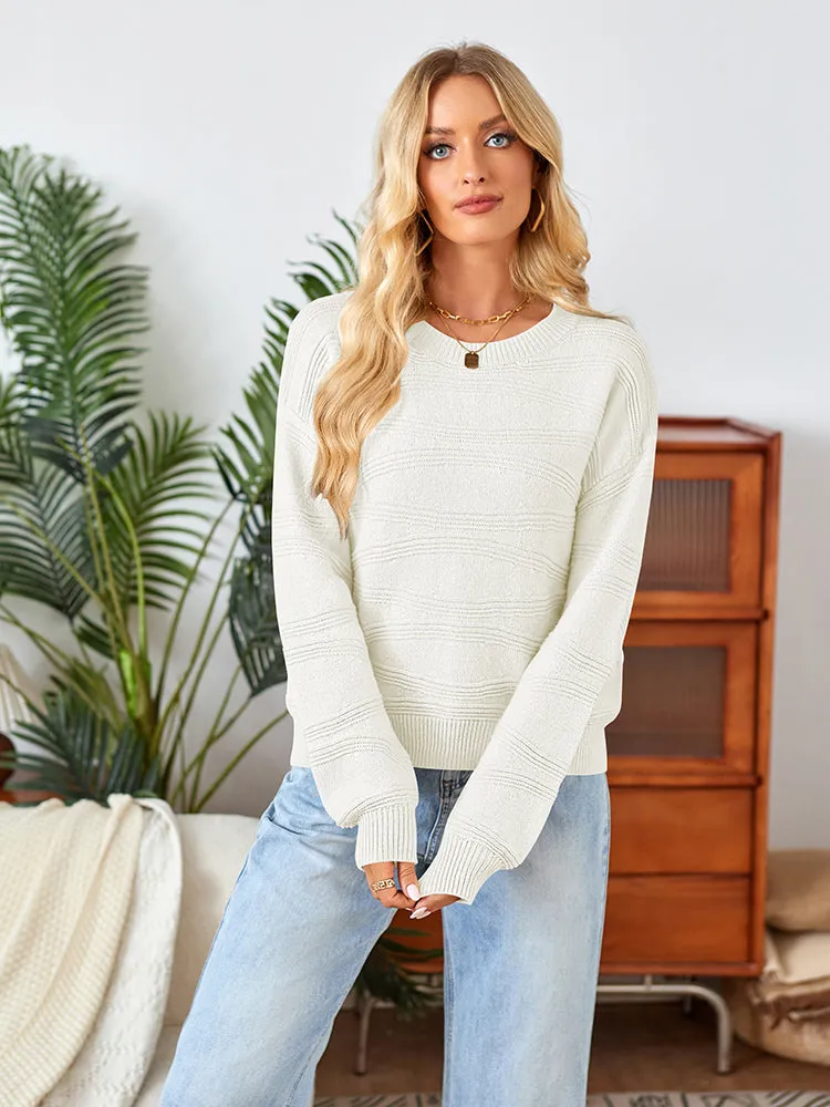 Womens Crew Neck Long Sleeve Ribbed Knit Pullover Tops Loose Casual Sweater Jumpers Fashion