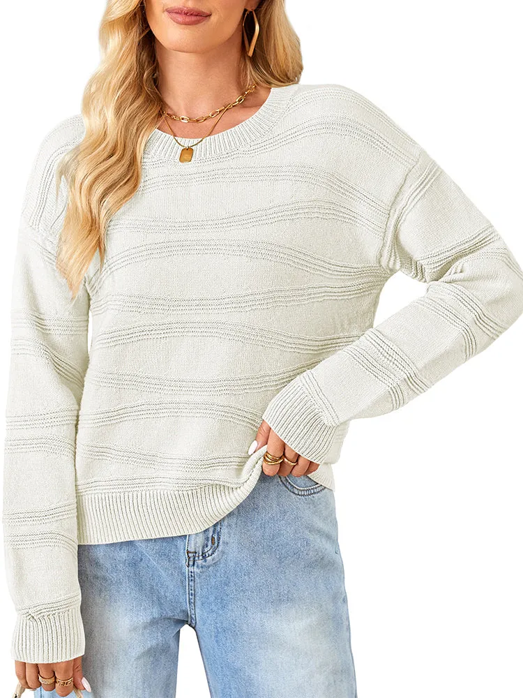 Womens Crew Neck Long Sleeve Ribbed Knit Pullover Tops Loose Casual Sweater Jumpers Fashion