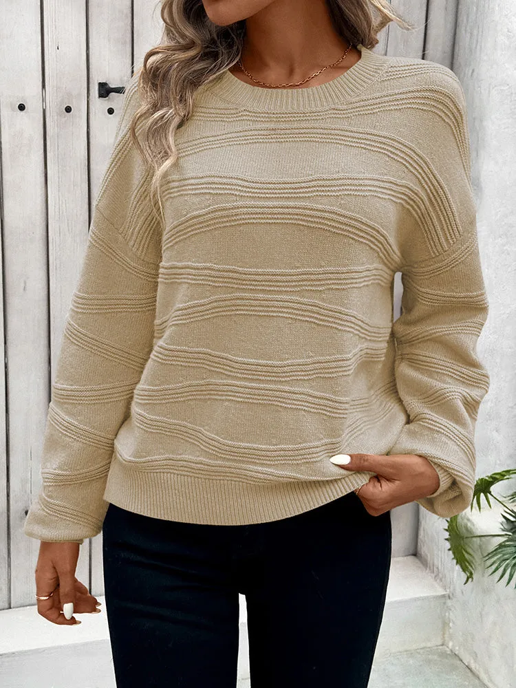 Womens Crew Neck Long Sleeve Ribbed Knit Pullover Tops Loose Casual Sweater Jumpers Fashion