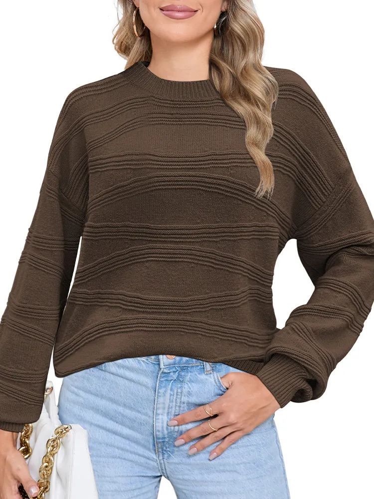 Womens Crew Neck Long Sleeve Ribbed Knit Pullover Tops Loose Casual Sweater Jumpers Fashion