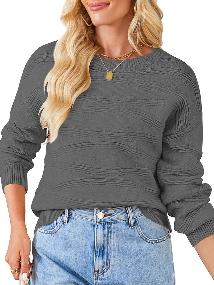 Womens Crew Neck Long Sleeve Ribbed Knit Pullover Tops Loose Casual Sweater Jumpers Fashion