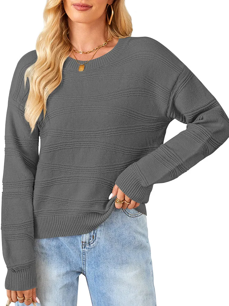 Womens Crew Neck Long Sleeve Ribbed Knit Pullover Tops Loose Casual Sweater Jumpers Fashion