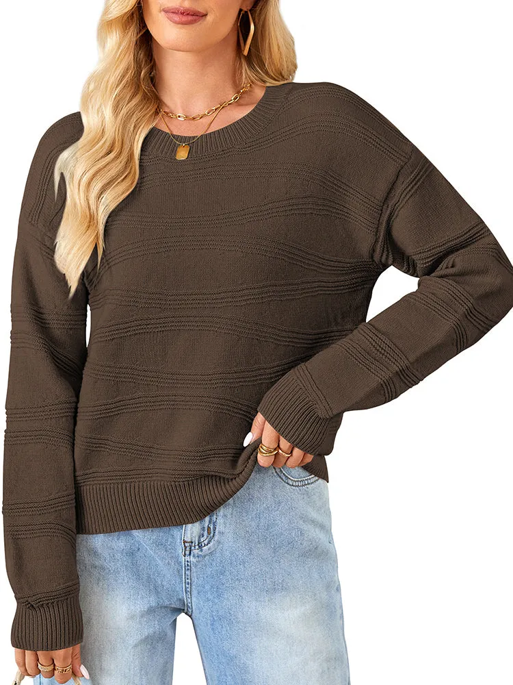 Womens Crew Neck Long Sleeve Ribbed Knit Pullover Tops Loose Casual Sweater Jumpers Fashion