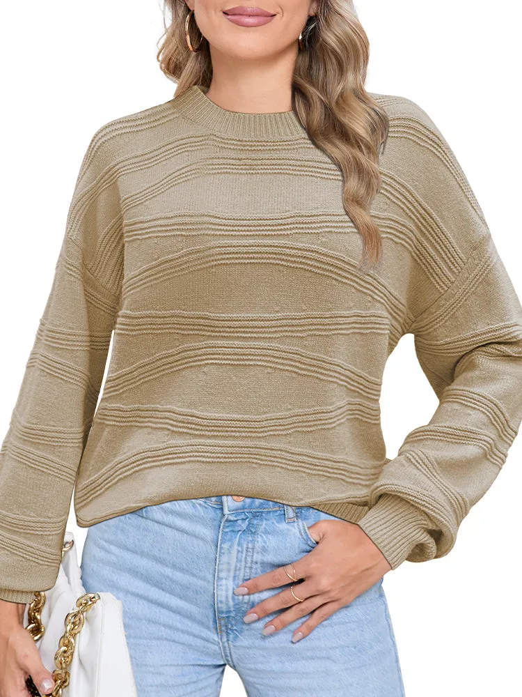 Womens Crew Neck Long Sleeve Ribbed Knit Pullover Tops Loose Casual Sweater Jumpers Fashion