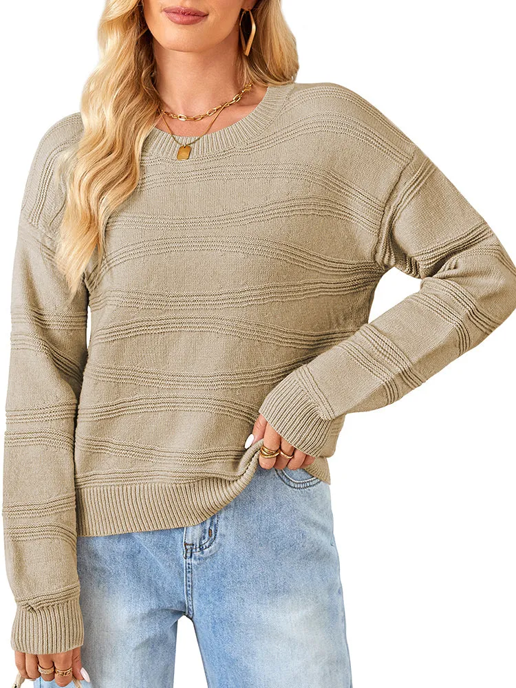 Womens Crew Neck Long Sleeve Ribbed Knit Pullover Tops Loose Casual Sweater Jumpers Fashion