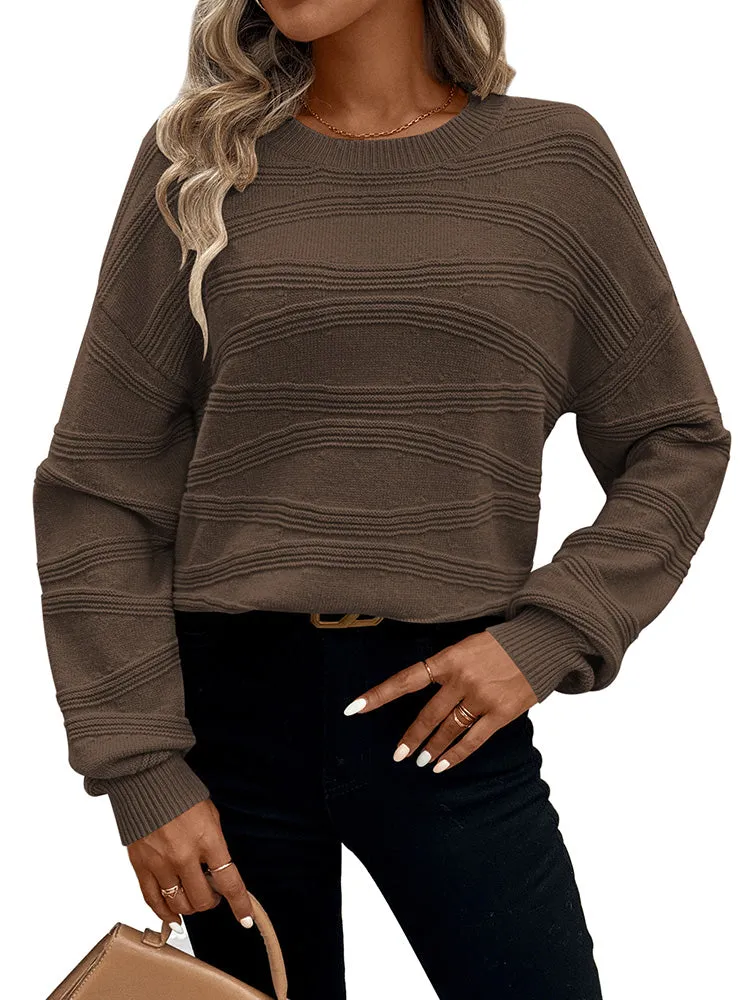 Womens Crew Neck Long Sleeve Ribbed Knit Pullover Tops Loose Casual Sweater Jumpers Fashion