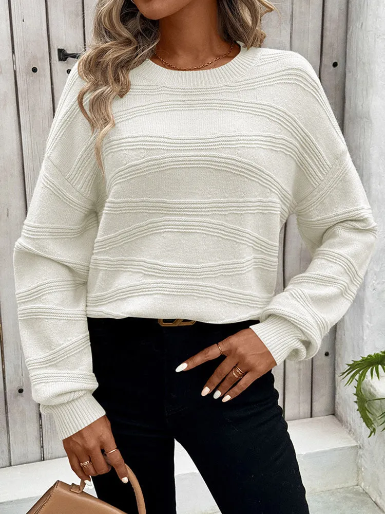 Womens Crew Neck Long Sleeve Ribbed Knit Pullover Tops Loose Casual Sweater Jumpers Fashion