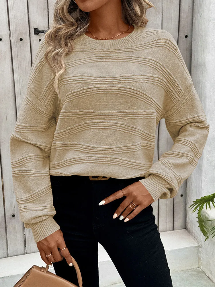 Womens Crew Neck Long Sleeve Ribbed Knit Pullover Tops Loose Casual Sweater Jumpers Fashion