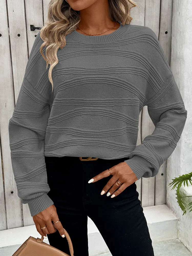 Womens Crew Neck Long Sleeve Ribbed Knit Pullover Tops Loose Casual Sweater Jumpers Fashion