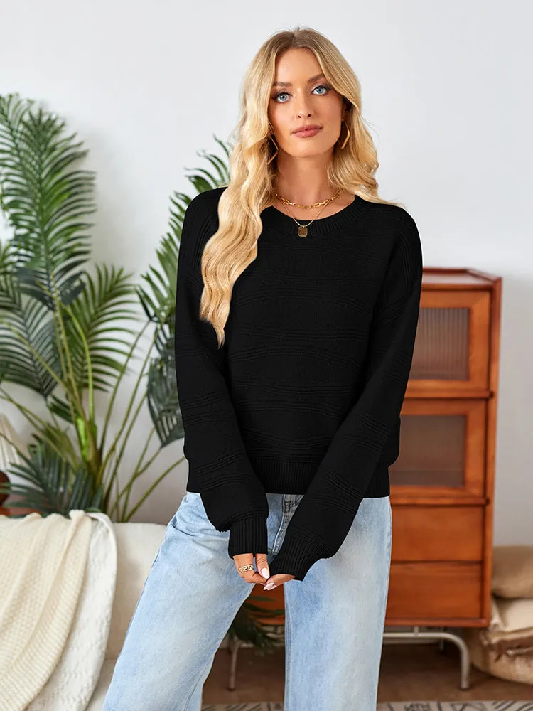 Womens Crew Neck Long Sleeve Ribbed Knit Pullover Tops Loose Casual Sweater Jumpers Fashion