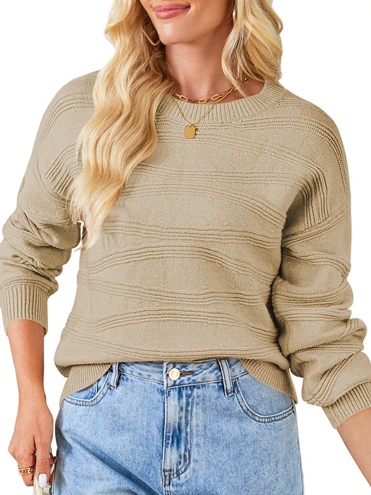 Womens Crew Neck Long Sleeve Ribbed Knit Pullover Tops Loose Casual Sweater Jumpers Fashion