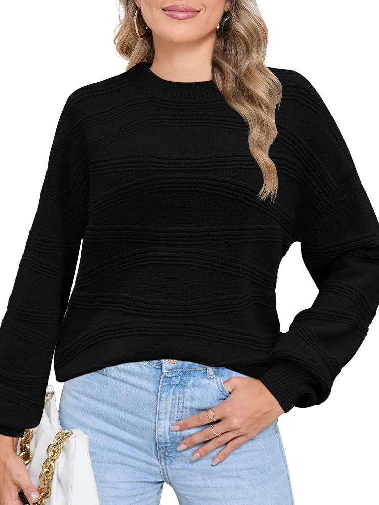 Womens Crew Neck Long Sleeve Ribbed Knit Pullover Tops Loose Casual Sweater Jumpers Fashion