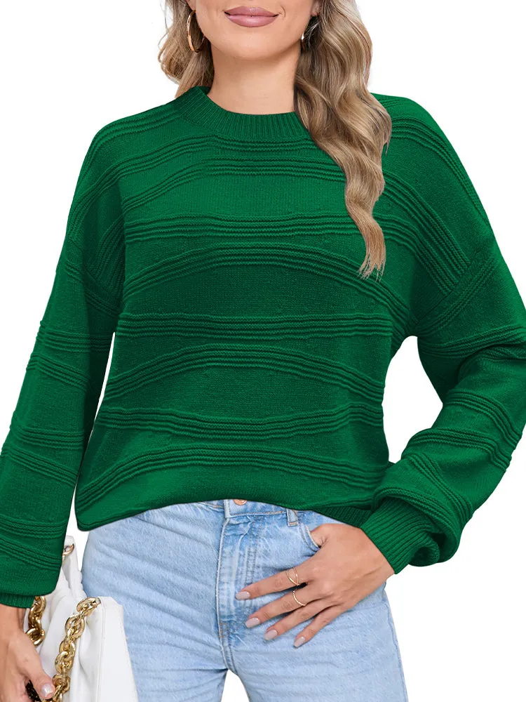 Womens Crew Neck Long Sleeve Ribbed Knit Pullover Tops Loose Casual Sweater Jumpers Fashion