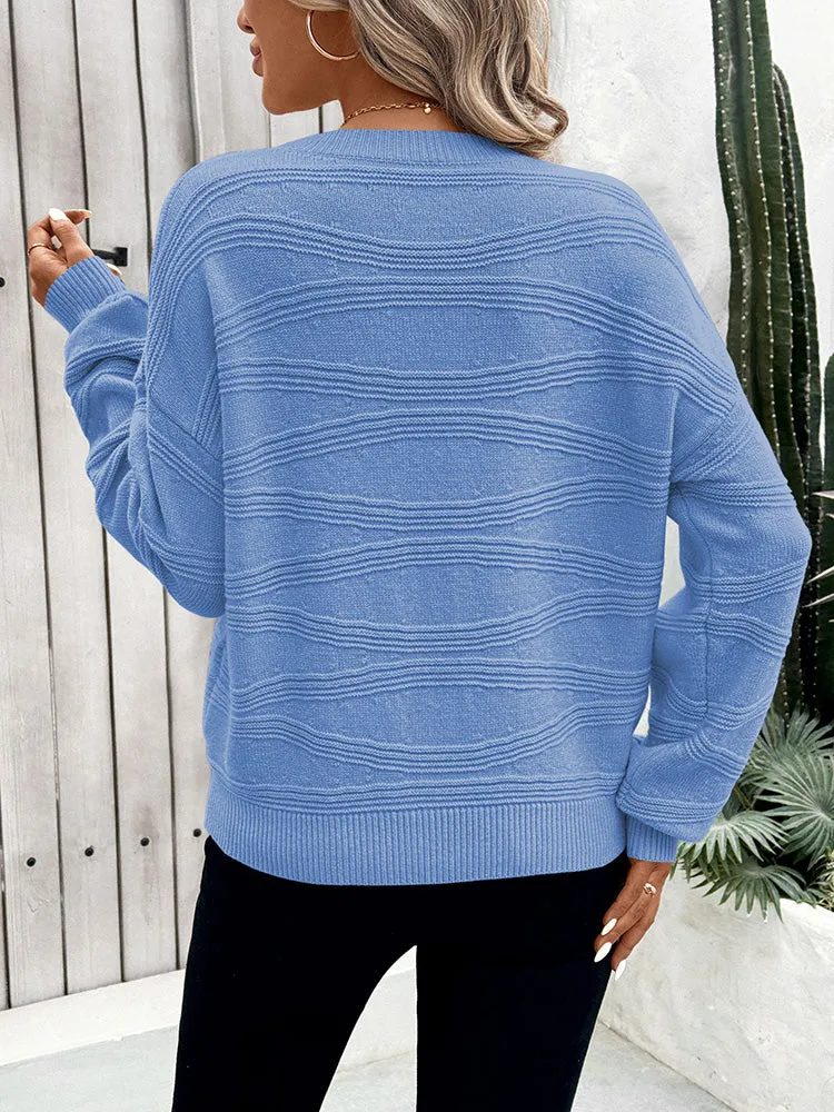 Womens Crew Neck Long Sleeve Ribbed Knit Pullover Tops Loose Casual Sweater Jumpers Fashion