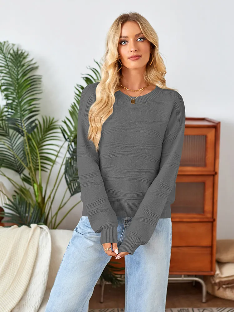 Womens Crew Neck Long Sleeve Ribbed Knit Pullover Tops Loose Casual Sweater Jumpers Fashion