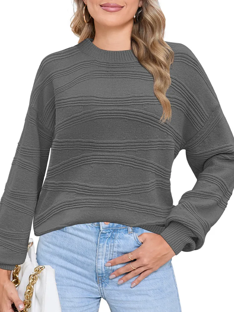 Womens Crew Neck Long Sleeve Ribbed Knit Pullover Tops Loose Casual Sweater Jumpers Fashion