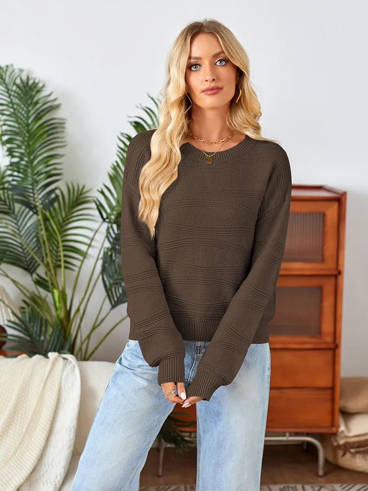 Womens Crew Neck Long Sleeve Ribbed Knit Pullover Tops Loose Casual Sweater Jumpers Fashion