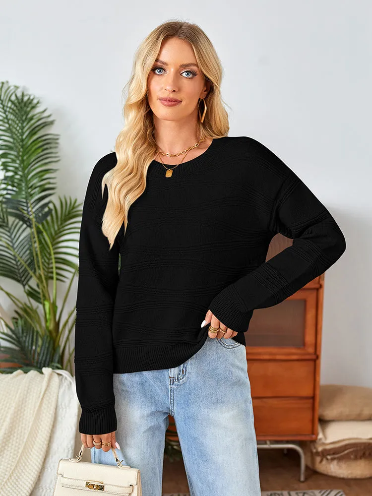 Womens Crew Neck Long Sleeve Ribbed Knit Pullover Tops Loose Casual Sweater Jumpers Fashion