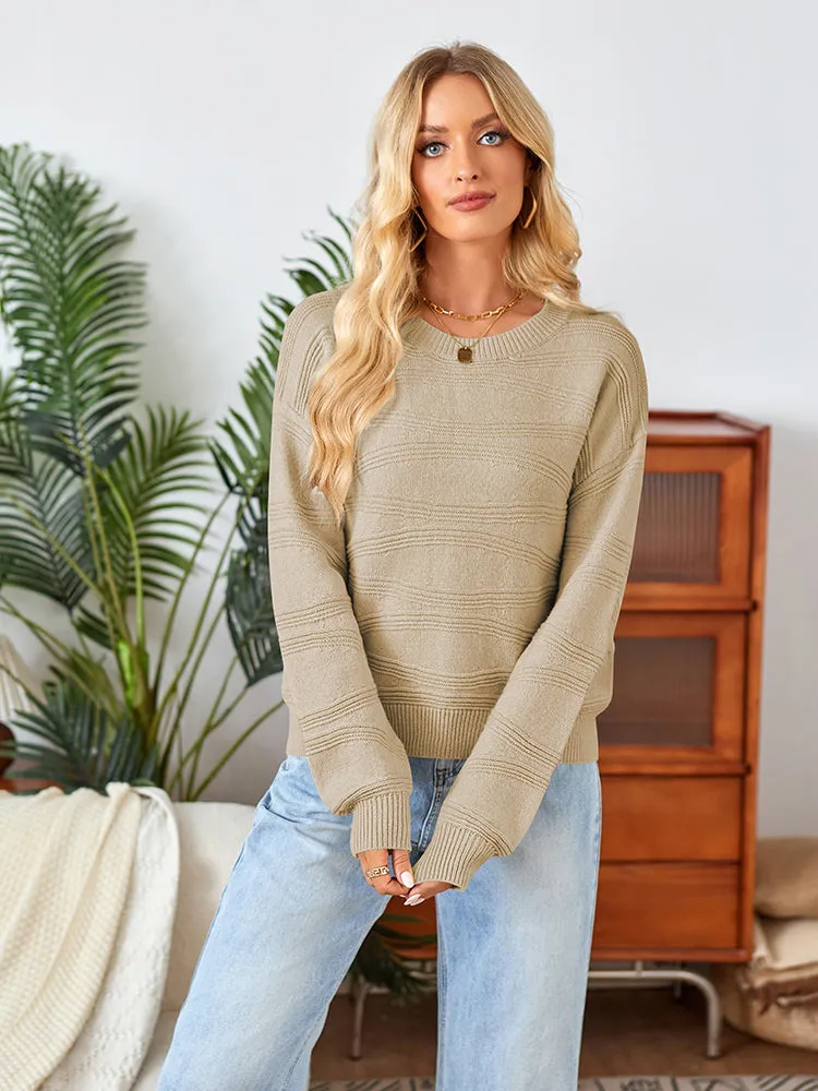 Womens Crew Neck Long Sleeve Ribbed Knit Pullover Tops Loose Casual Sweater Jumpers Fashion