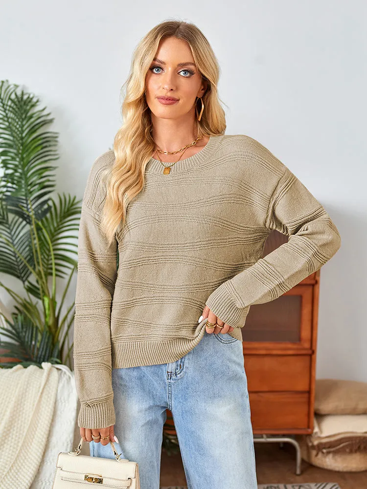 Womens Crew Neck Long Sleeve Ribbed Knit Pullover Tops Loose Casual Sweater Jumpers Fashion