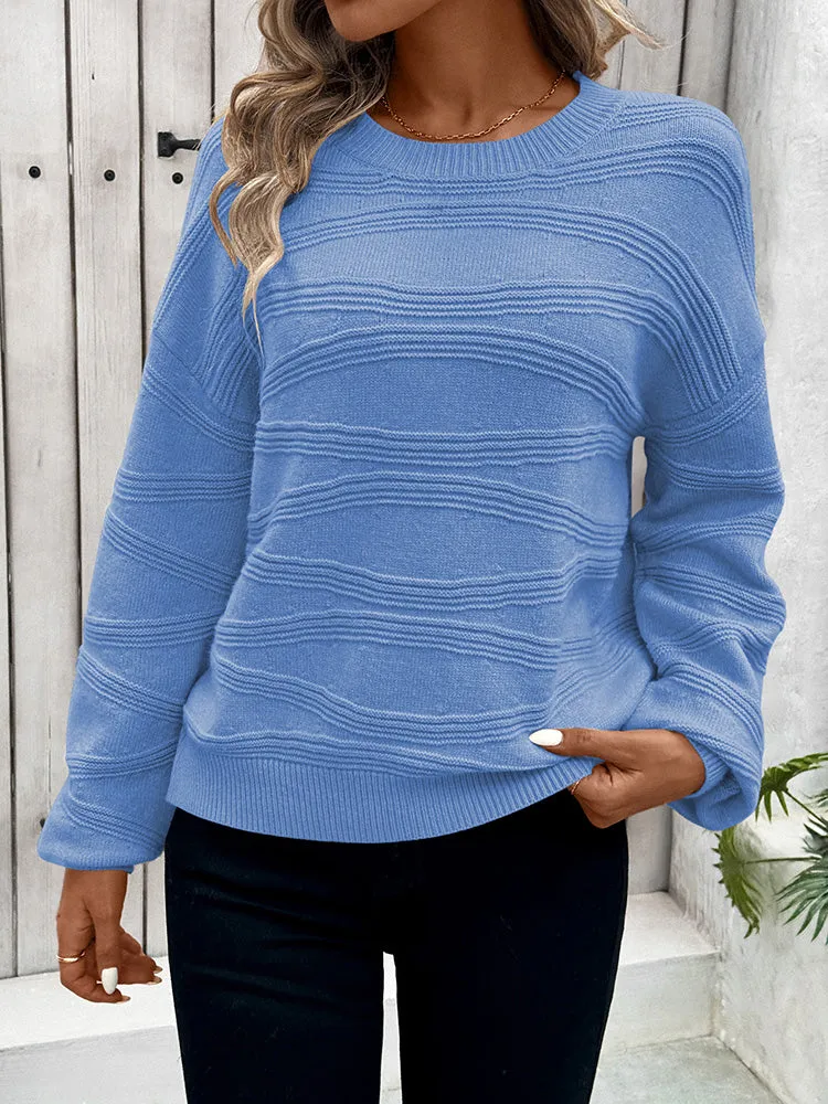 Womens Crew Neck Long Sleeve Ribbed Knit Pullover Tops Loose Casual Sweater Jumpers Fashion