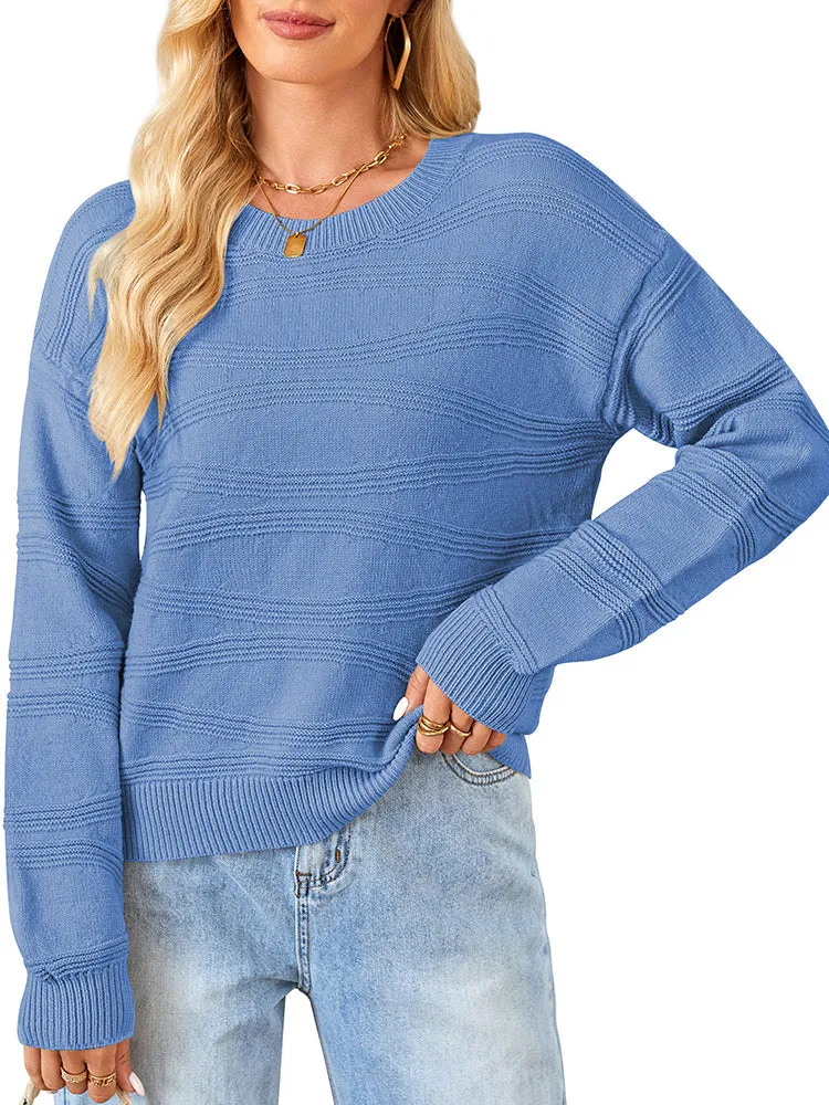 Womens Crew Neck Long Sleeve Ribbed Knit Pullover Tops Loose Casual Sweater Jumpers Fashion