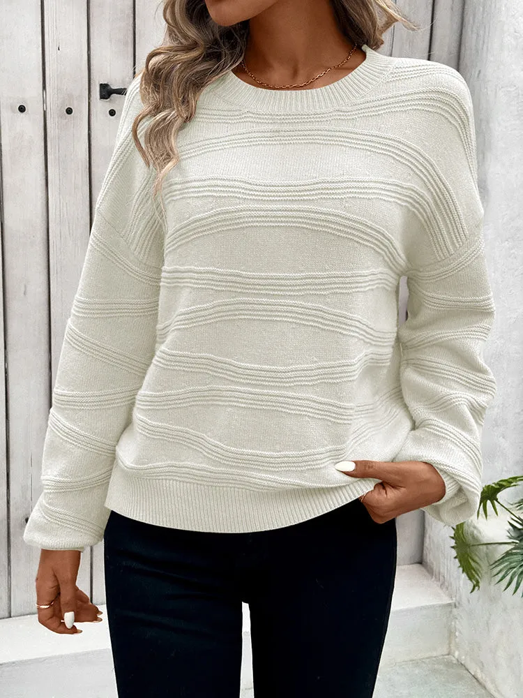 Womens Crew Neck Long Sleeve Ribbed Knit Pullover Tops Loose Casual Sweater Jumpers Fashion