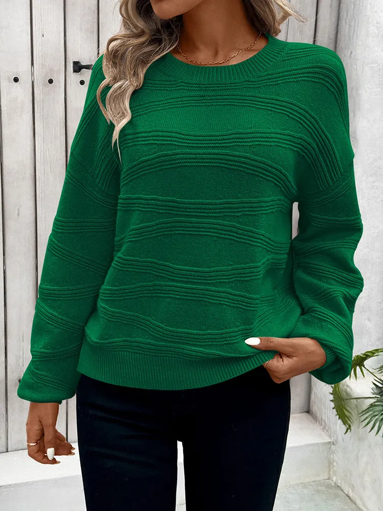 Womens Crew Neck Long Sleeve Ribbed Knit Pullover Tops Loose Casual Sweater Jumpers Fashion