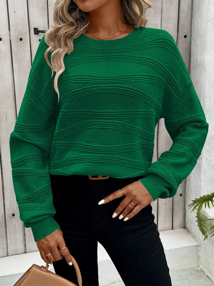 Womens Crew Neck Long Sleeve Ribbed Knit Pullover Tops Loose Casual Sweater Jumpers Fashion