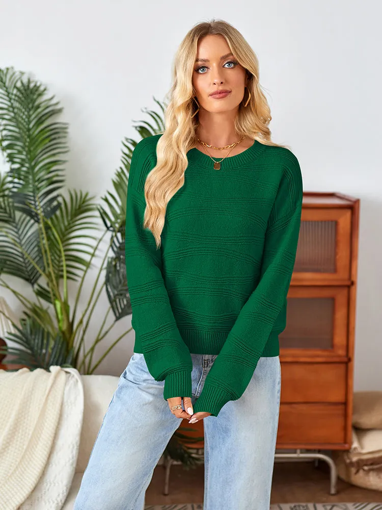 Womens Crew Neck Long Sleeve Ribbed Knit Pullover Tops Loose Casual Sweater Jumpers Fashion