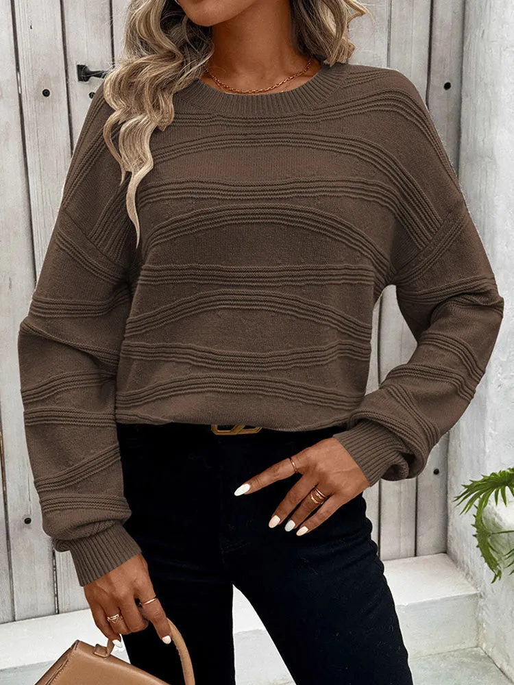 Womens Crew Neck Long Sleeve Ribbed Knit Pullover Tops Loose Casual Sweater Jumpers Fashion