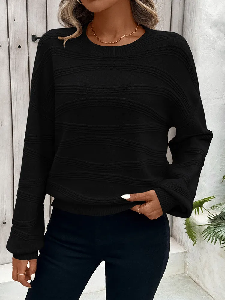 Womens Crew Neck Long Sleeve Ribbed Knit Pullover Tops Loose Casual Sweater Jumpers Fashion