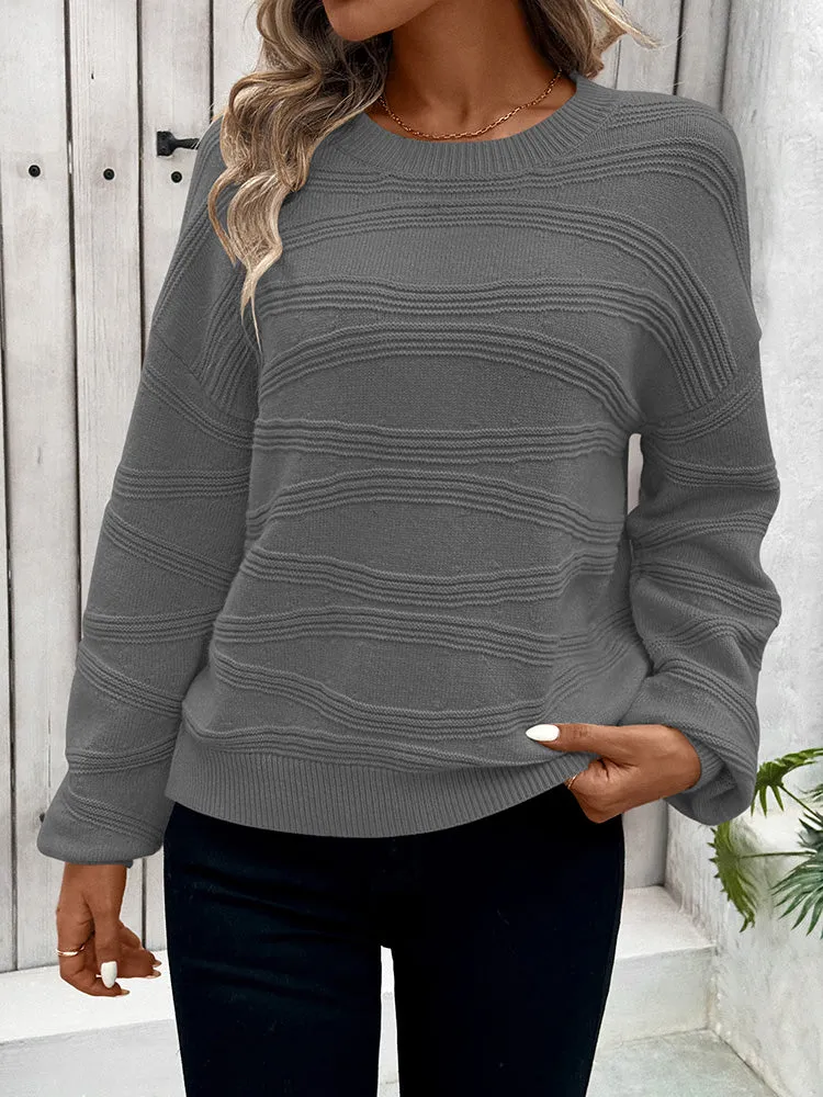 Womens Crew Neck Long Sleeve Ribbed Knit Pullover Tops Loose Casual Sweater Jumpers Fashion