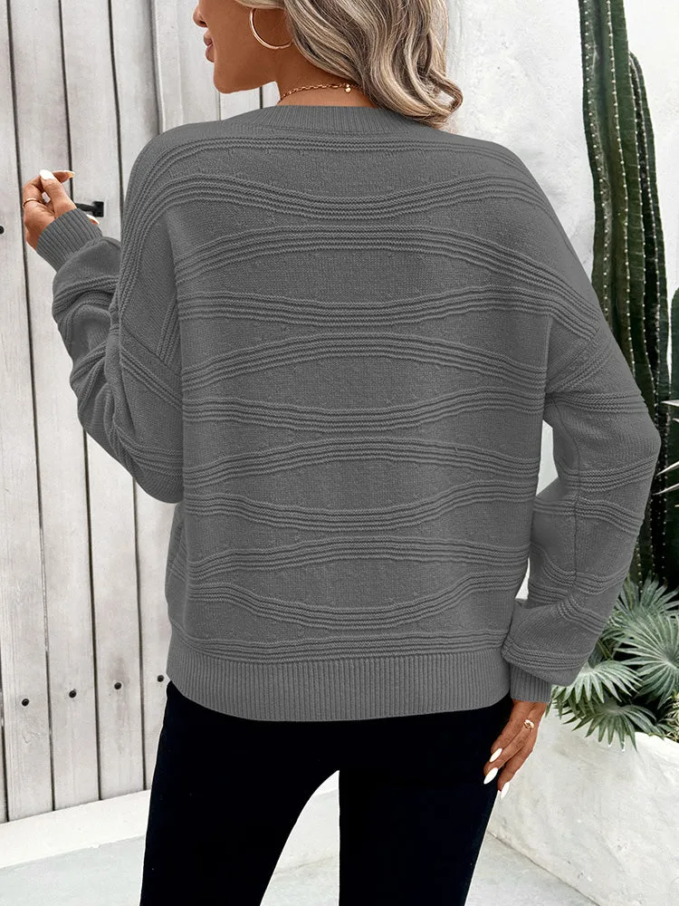 Womens Crew Neck Long Sleeve Ribbed Knit Pullover Tops Loose Casual Sweater Jumpers Fashion