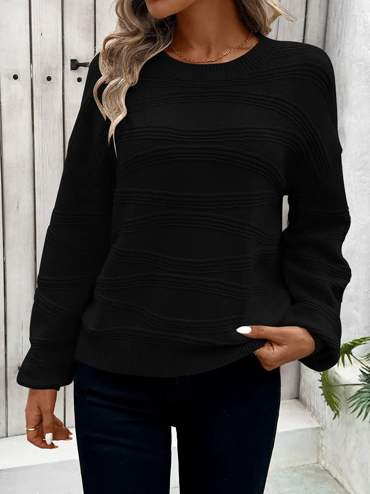 Womens Crew Neck Long Sleeve Ribbed Knit Pullover Tops Loose Casual Sweater Jumpers Fashion