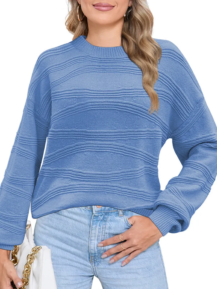 Womens Crew Neck Long Sleeve Ribbed Knit Pullover Tops Loose Casual Sweater Jumpers Fashion