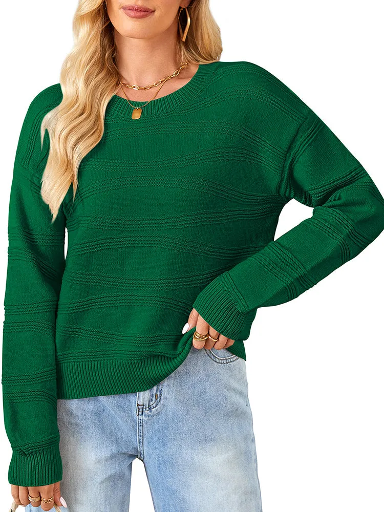 Womens Crew Neck Long Sleeve Ribbed Knit Pullover Tops Loose Casual Sweater Jumpers Fashion