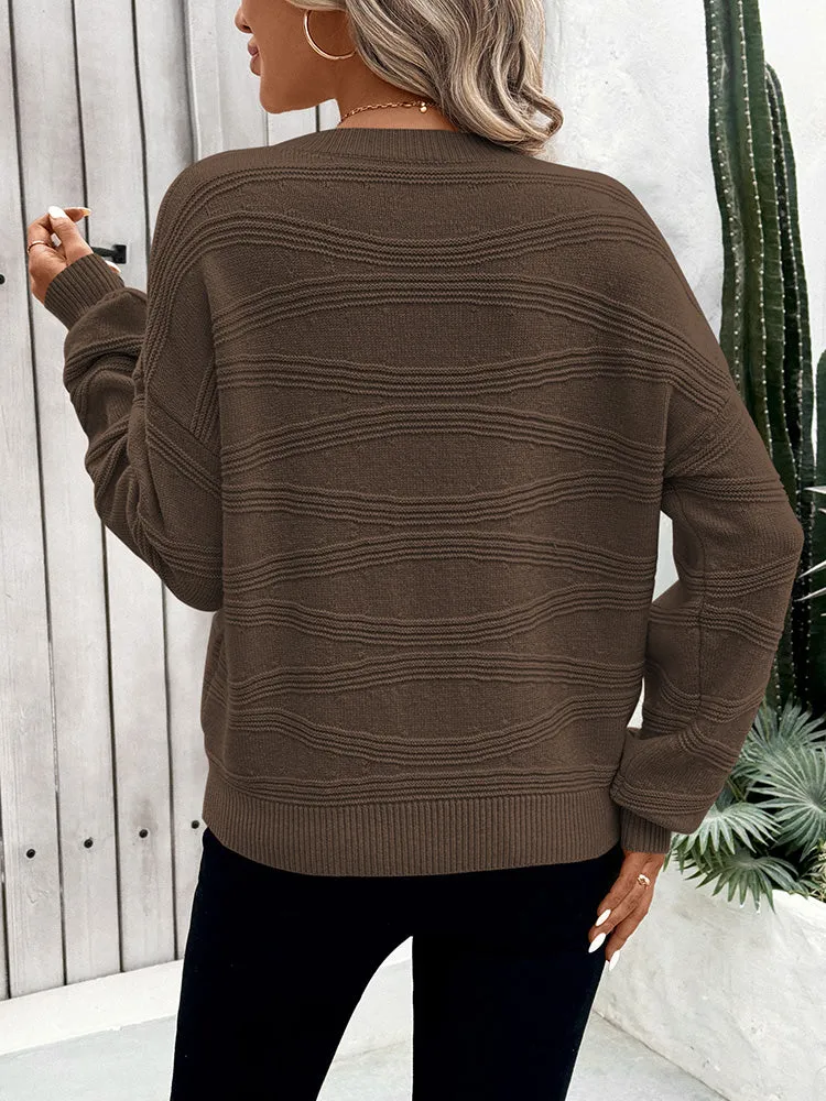 Womens Crew Neck Long Sleeve Ribbed Knit Pullover Tops Loose Casual Sweater Jumpers Fashion