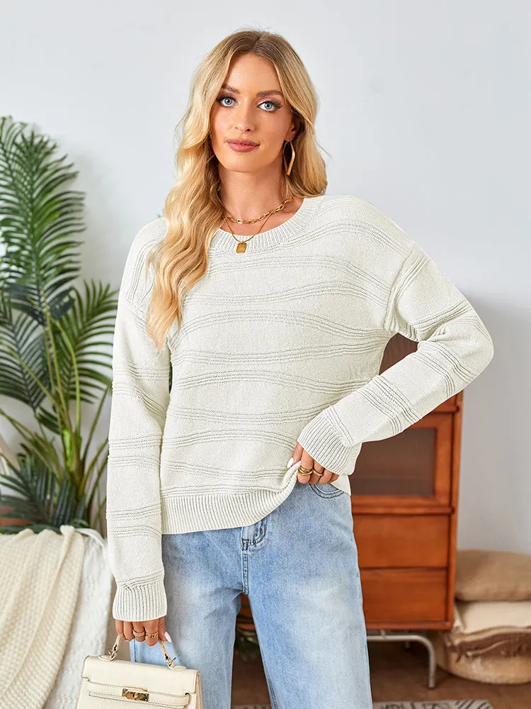 Womens Crew Neck Long Sleeve Ribbed Knit Pullover Tops Loose Casual Sweater Jumpers Fashion