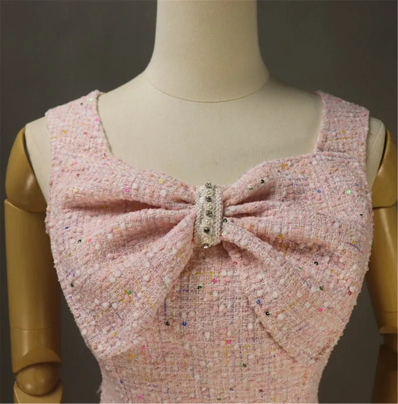 Women's Designer Inspired Custom Made Big Bow Decoration Tweed Dress Pink