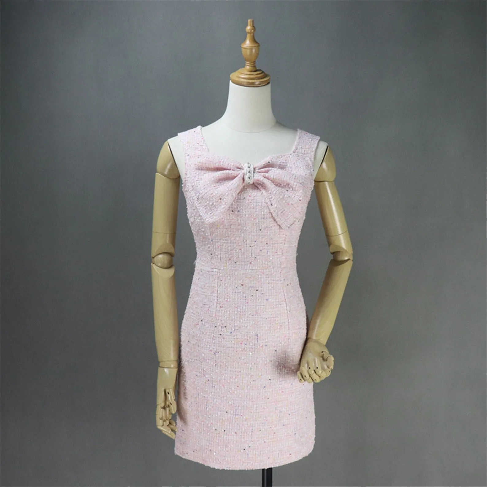 Women's Designer Inspired Custom Made Big Bow Decoration Tweed Dress Pink