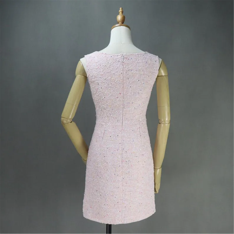 Women's Designer Inspired Custom Made Big Bow Decoration Tweed Dress Pink